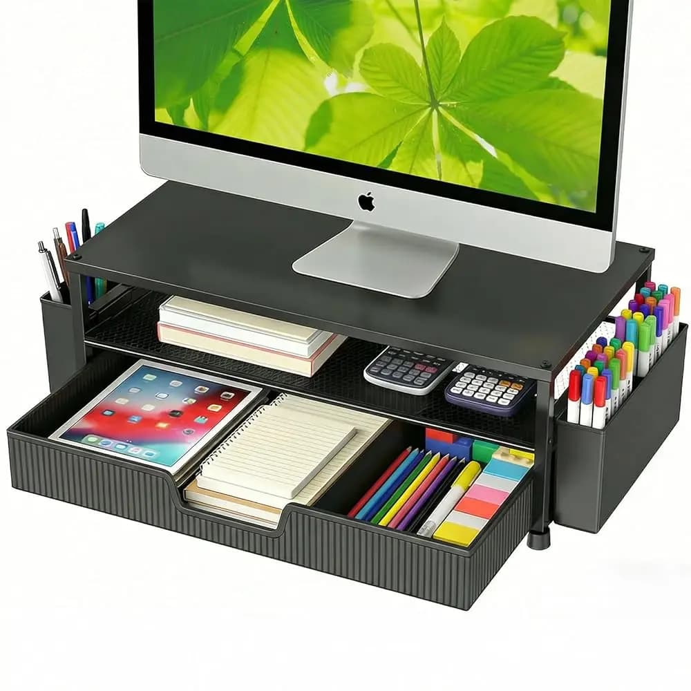 Organizzatore da scrivania e accessori, supporto per monitor a 2 livelli con cassetto portaoggetti e 2 portapenne, supporto per laptop e stampante