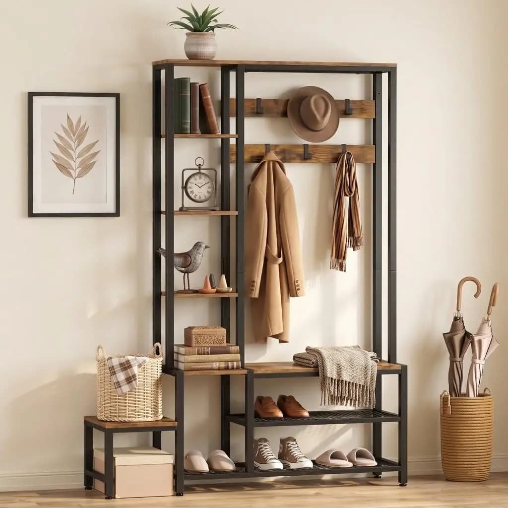 Brown 5-in-1 Entryway Hall Tree with Shoe Storage Bench, Coat Rack Featuring 7 Hooks & 4-Tier Side Shelves, Multifunctional Organizer for Hallway Mudroom Bedroom