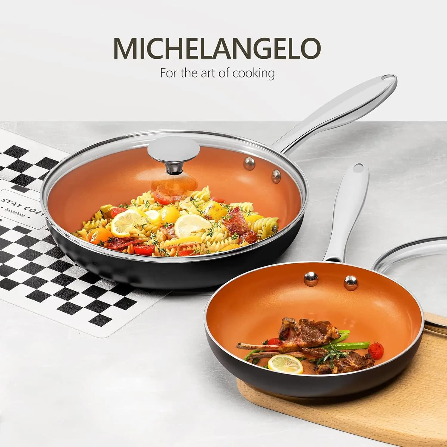MICHELANGELO Small pan with lid, 8" copper non-stick pan covered in ceramic, safe on all stove tops, 100% free PFOA