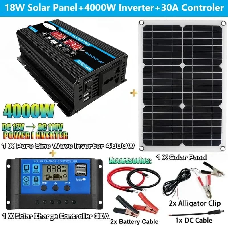 Sistema di pannelli solari da 12V a 110V/220V pannello solare 12V regolatore di carica della batteria 4000W Kit Inverter solare generazione completa di energia