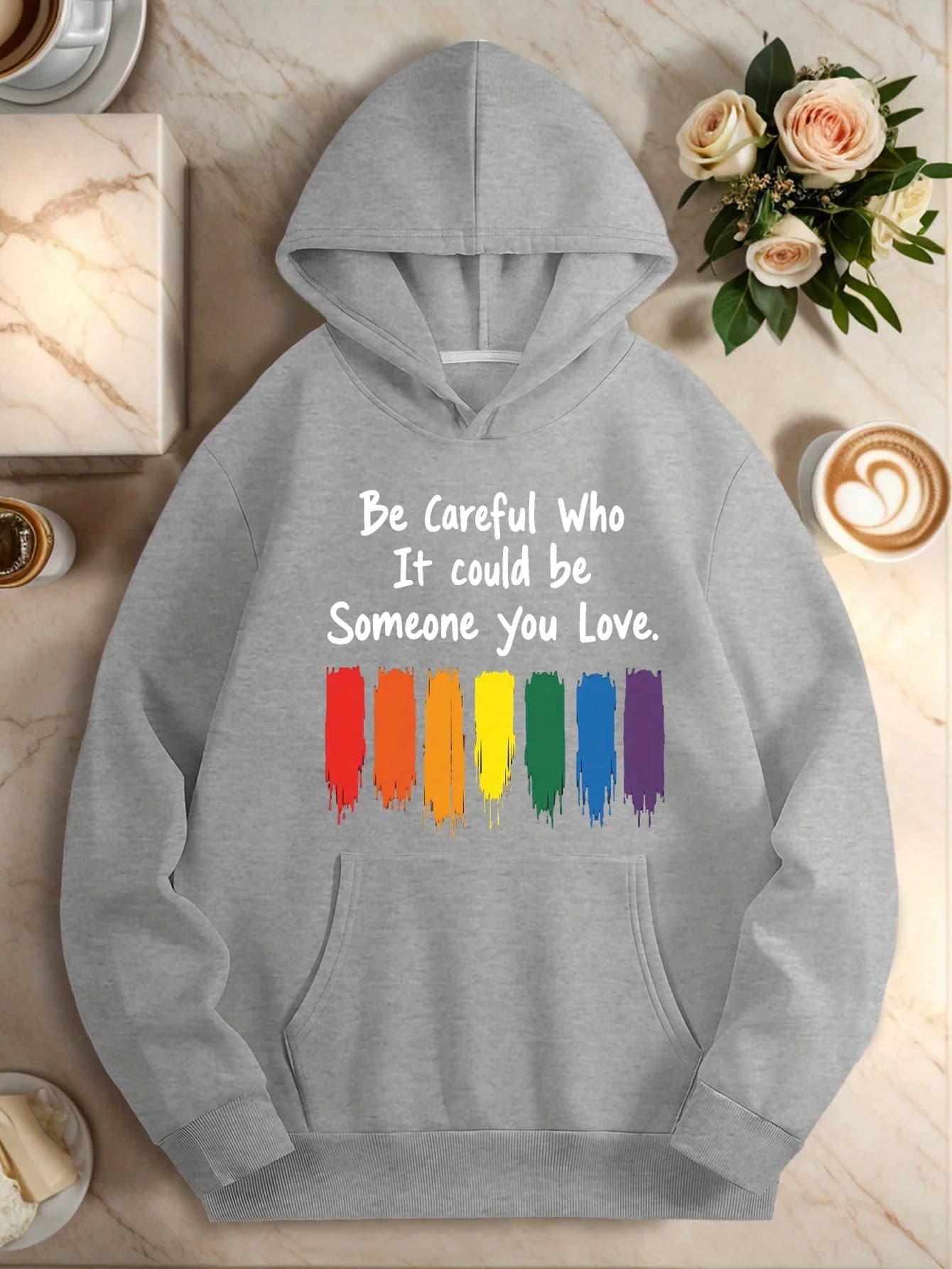 Be Careful Who You Hate Felpa con cappuccio casual da donna taglie forti con grafica arcobaleno - Felpa con cappuccio rossa vibrante con tasche, macchina