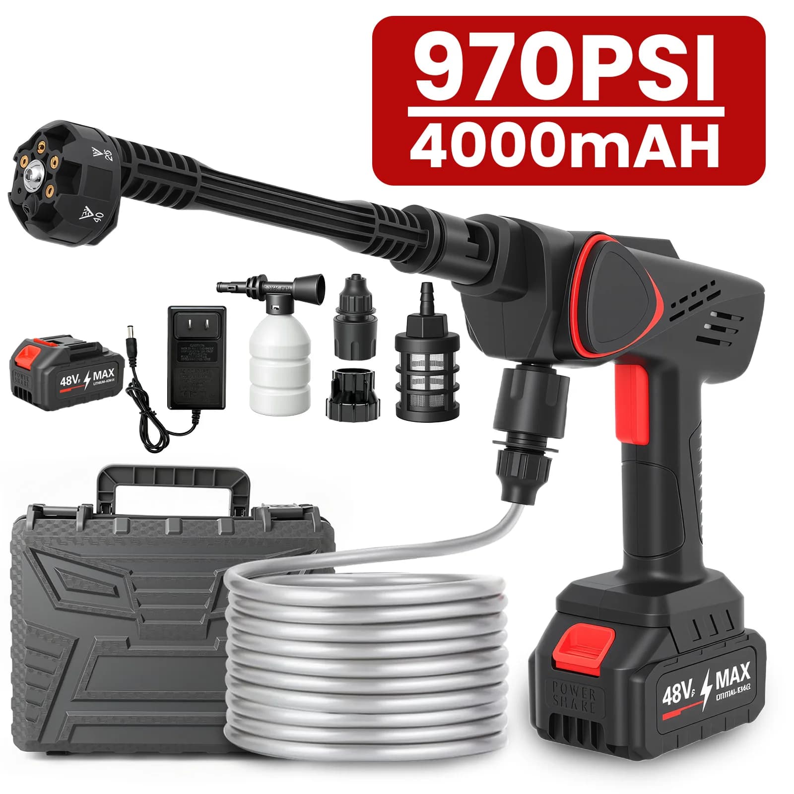 Idropulitrice Portatile Senza Fili 21V, 970PSI, con Ugello Regolabile 6-in-1 e Batteria da 4.0Ah