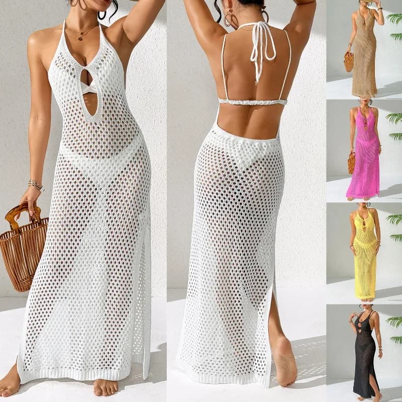 Women Dress 2026 New Solid Color Sexy Knit V-neck Backless Halter Tie Hollow Out Side Slit Bodycon Beach Dress