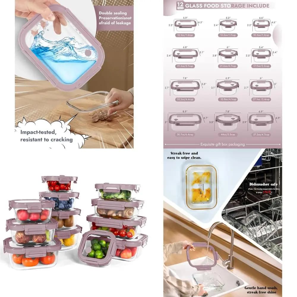 Set di 12 Contenitori in Vetro Borosilicato con Coperchi Ermetici - Adatti al Forno, Senza BPA, Lavabili in Lavastoviglie, Multi-Misura per Preparazione Pasti