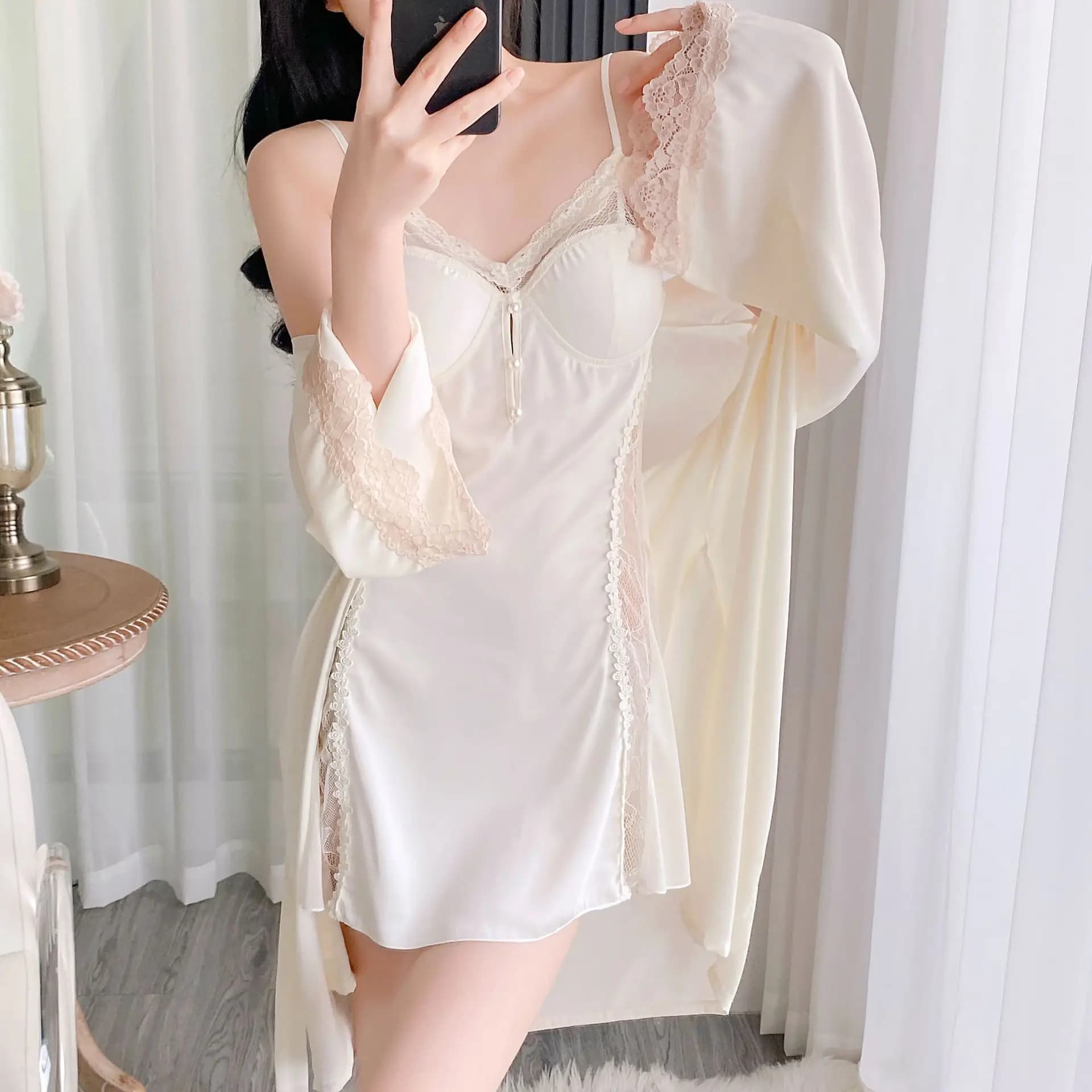 Twinset Abito da accappatoio in pizzo Set Abito da donna Camicia da notte Lingerie Set di indumenti da notte Kimono estivo Camicie da notte in raso di seta Abito Pigiama