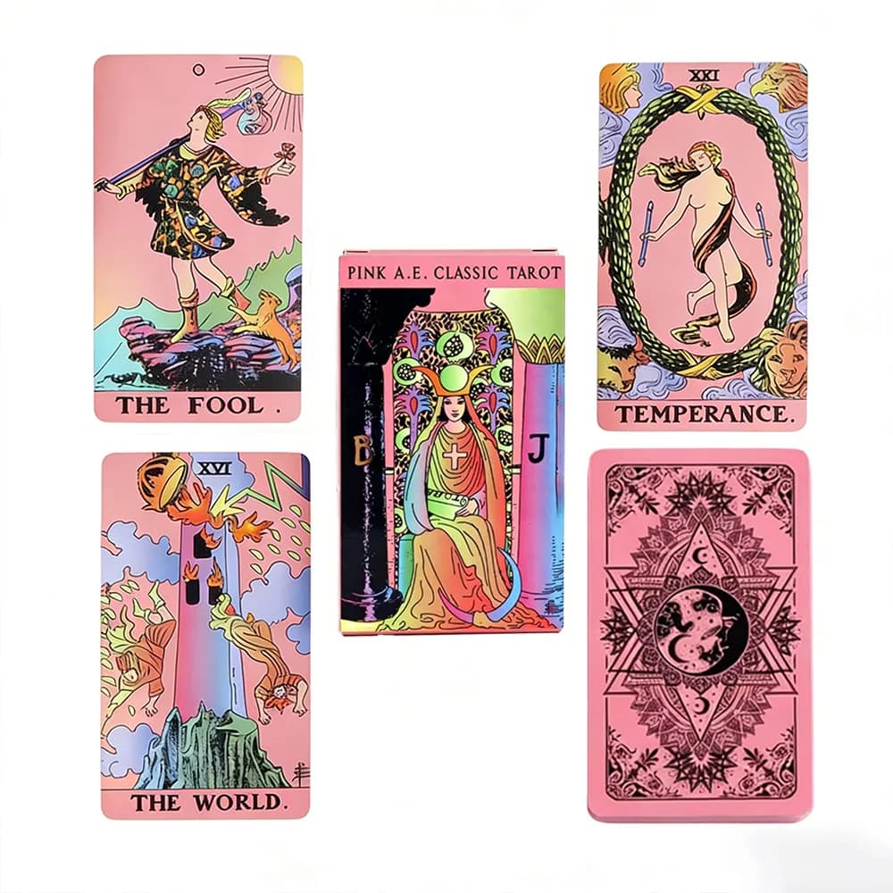 Set di 78 Carte Rosa A.E. Mazzo di tarocchi (10,3 x 6 cm), gioco di carte professionale per la divinazione, bordi rosa sognanti, gioco da tavolo Rider-Waite