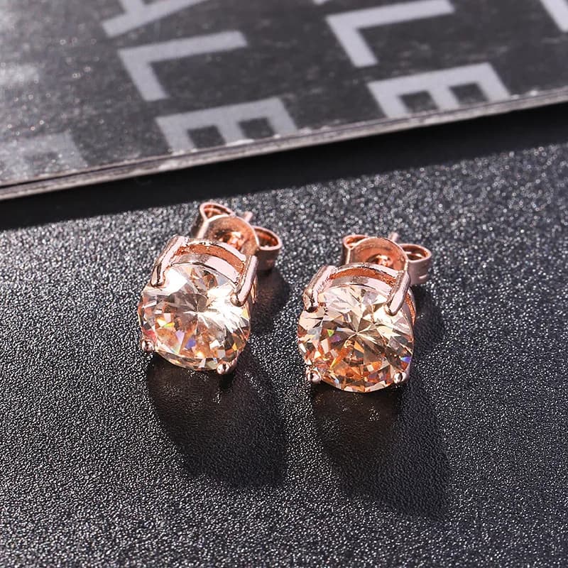 Orecchini a bottone piccoli con zirconi Champagne orecchini di pietra rotondi di cristallo di lusso per le donne gioielli da sposa Color oro rosa regalo di san valentino