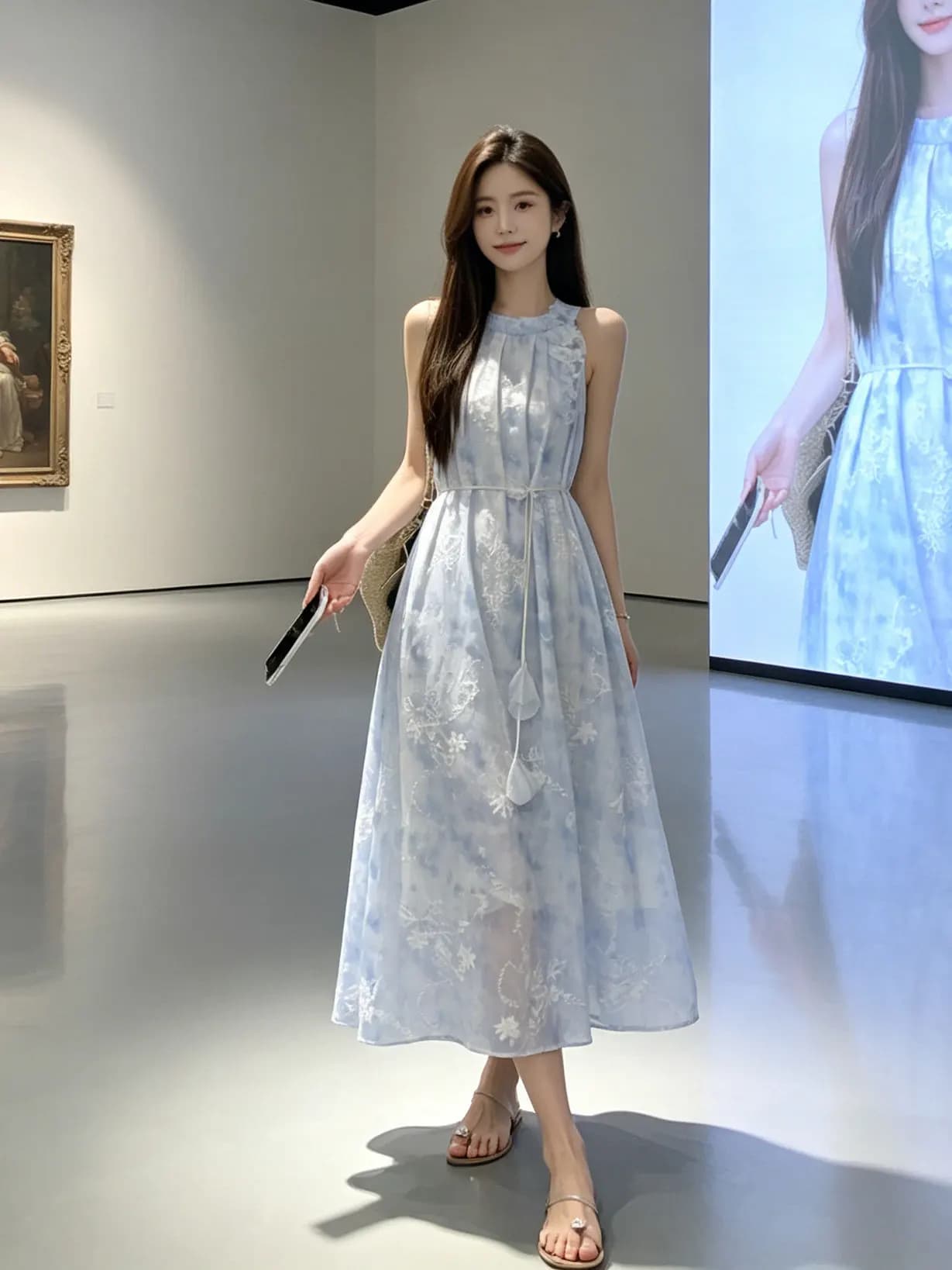 Vacation Style Ombre Embroidered Neckline Dress Women Summer Design 3D Flower Beautiful A-Line Long Skirt Loose Fit round Neck