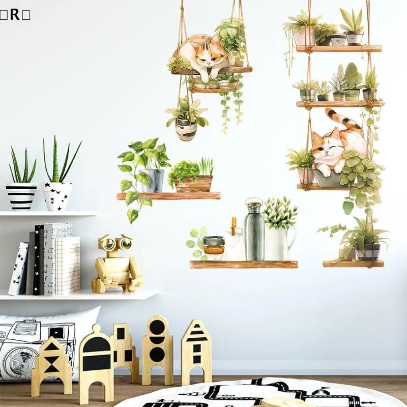 Adhesive self-adhesive murals with decorations for house walls, vases for green plants, cats circumWinter2 deliberations