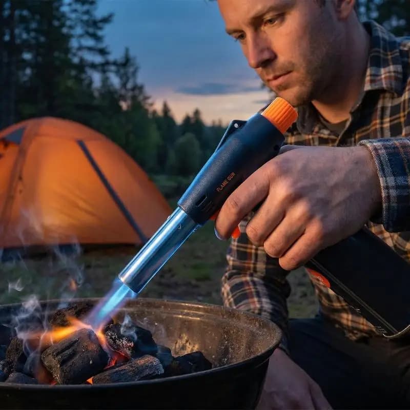 Torcia a Gas per BBQ, Fiamma Regolabile per Campeggio e Saldatura, Accensione Piezoelettrica Antivento, Dimensioni Compatte
