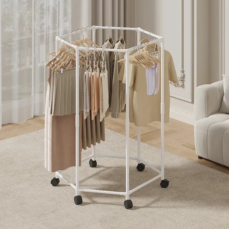 1pc Rotating Clothes Rack Home Metal Hexagonal Clothes Drying Rack Movable Balcony Bedroom Clothing Storage Rack With Pulleys