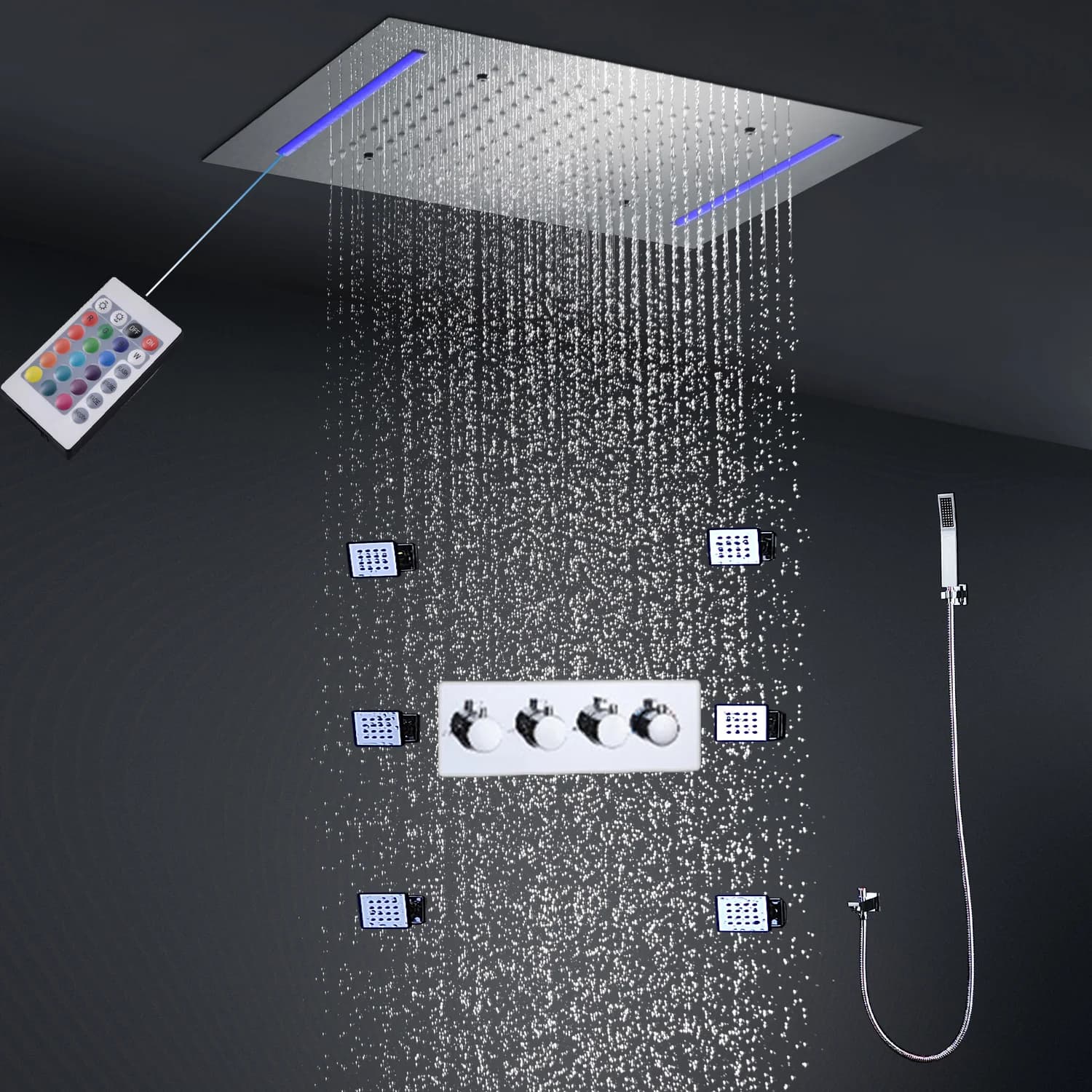LED Rain Shower Set HM with Thermostatic Mixer, Hidden Attic Taps and Shower Panel with Lateral Throws