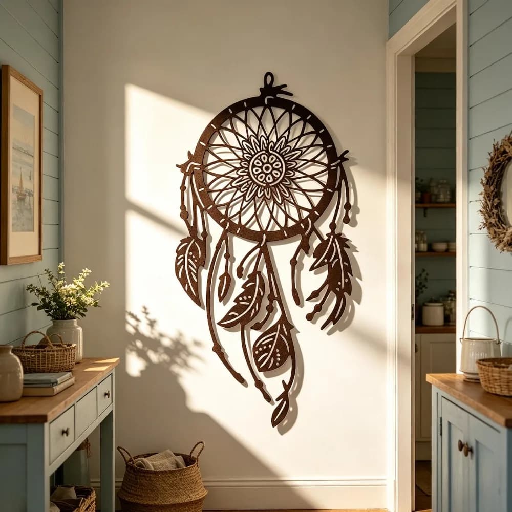 Dream Catcher Metal Wall Art, Boho Iron Sculpture, Bedroom Meditation Decor, Gift for Spiritual Whimsy Lovers