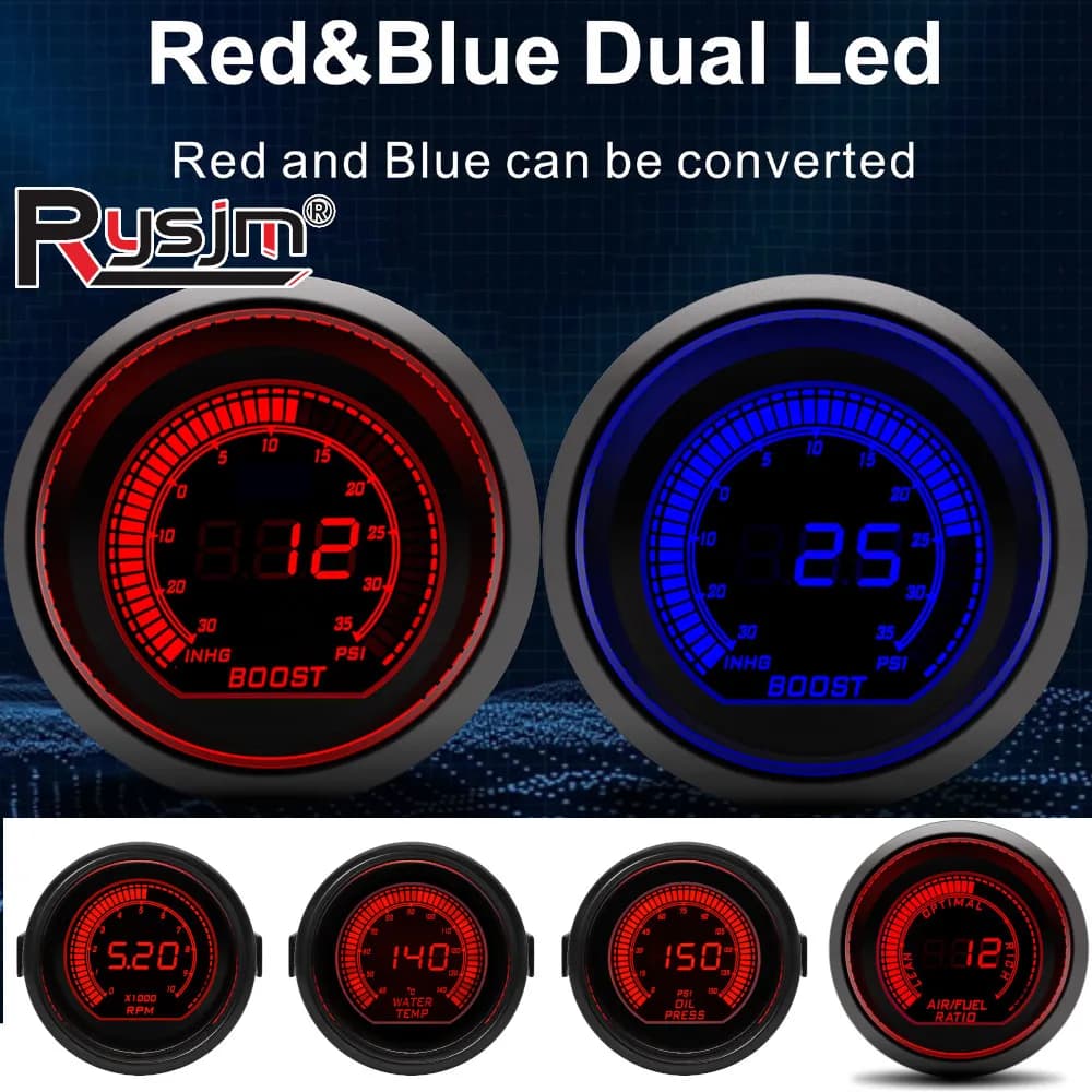Display LCD 2" 52mm per Auto: Tachimetro, Temperatura Acqua, Temperatura Olio, Pressione Olio, Voltmetro, Pressione Turbo, Vuoto, AFR con Retroilluminazione Rossa e Blu