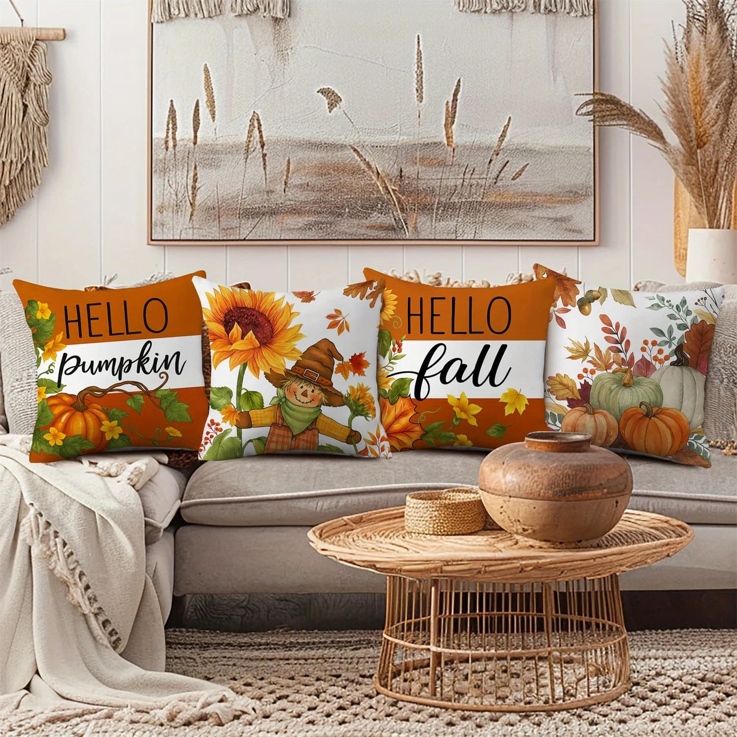Hello Pumpkin Sunflower Scarecrow Fall Leaves Double Sided Print Throw Pillow Case Cushion Cover 4 Piece Set for Sofa