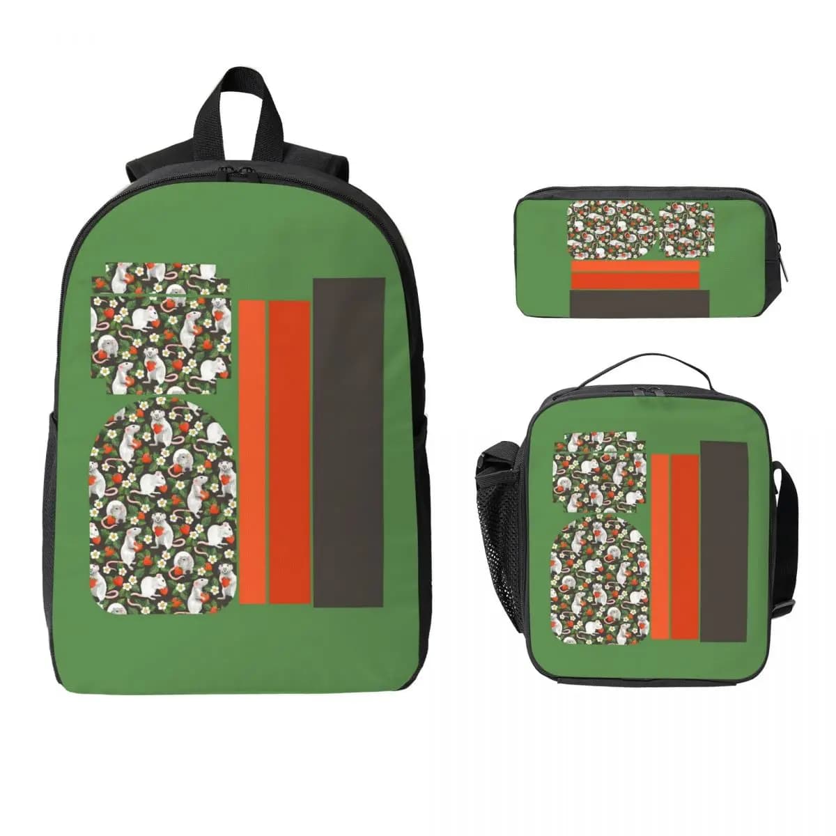 Rats Love Strawberries On Vintage Dark Brown Backpack Student Boys Girls BookBag School Bag 3ps Insulated Lunch Bag Pencil Case
