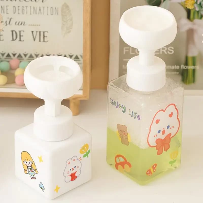 Nuovo Dispenser a Forma di Fiore da 250/450ml, Bottiglia in Plastica Quadrata Vuota con Erogatore a Schiuma per Sapone Liquido e Shampoo, Contenitore Stile Cartoon