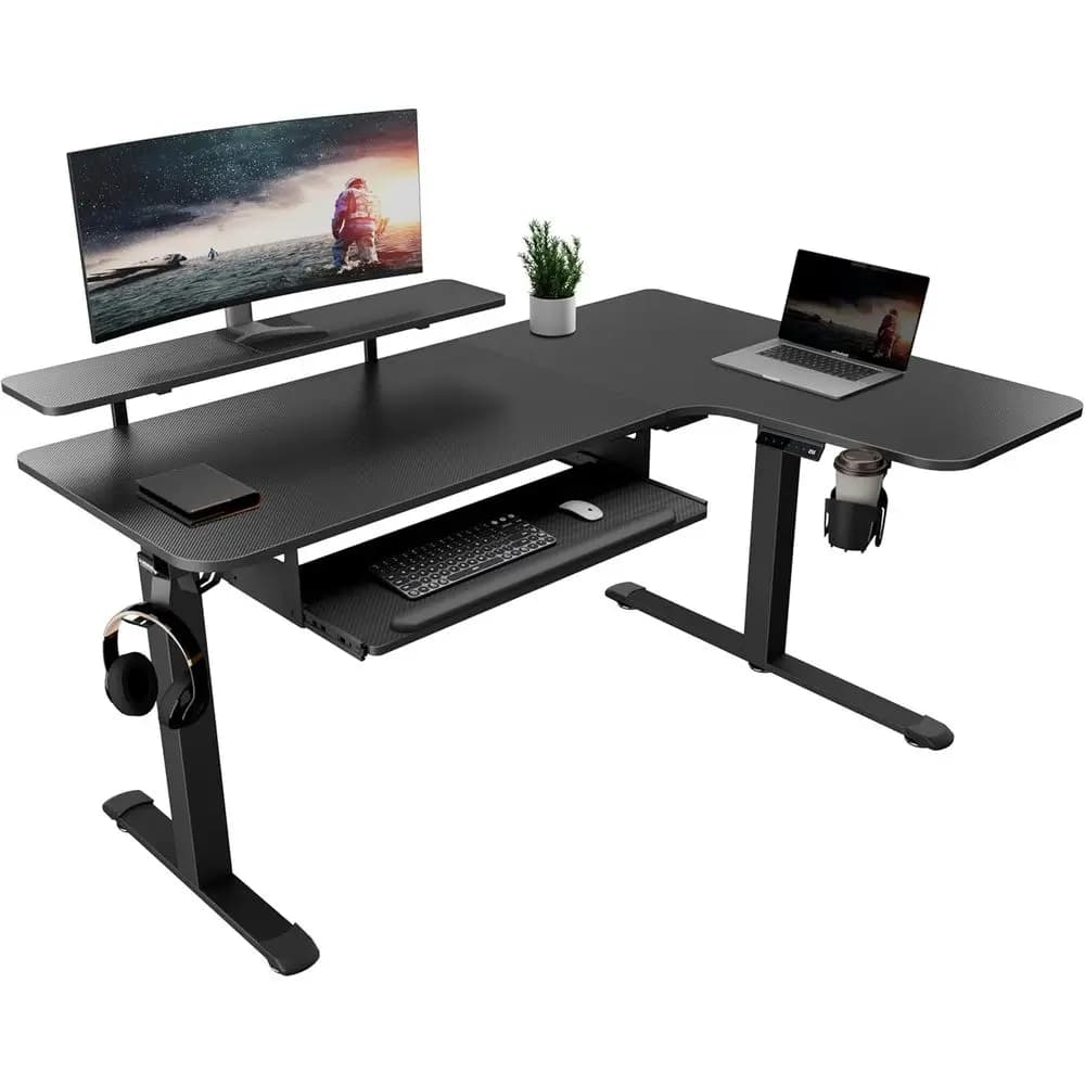 L-Shaped Adjustable Height Desk with Keyboard Tray, Memory Presets, and Monitor Stand for Sit-Stand Use