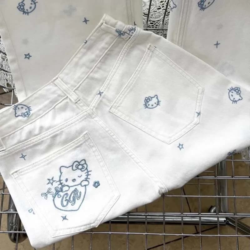 American Vintage Hello Kittys Embroidered Jeans Y2K Women White Wide Leg Pants Girls High Waist Slim Loose Straight Trousers