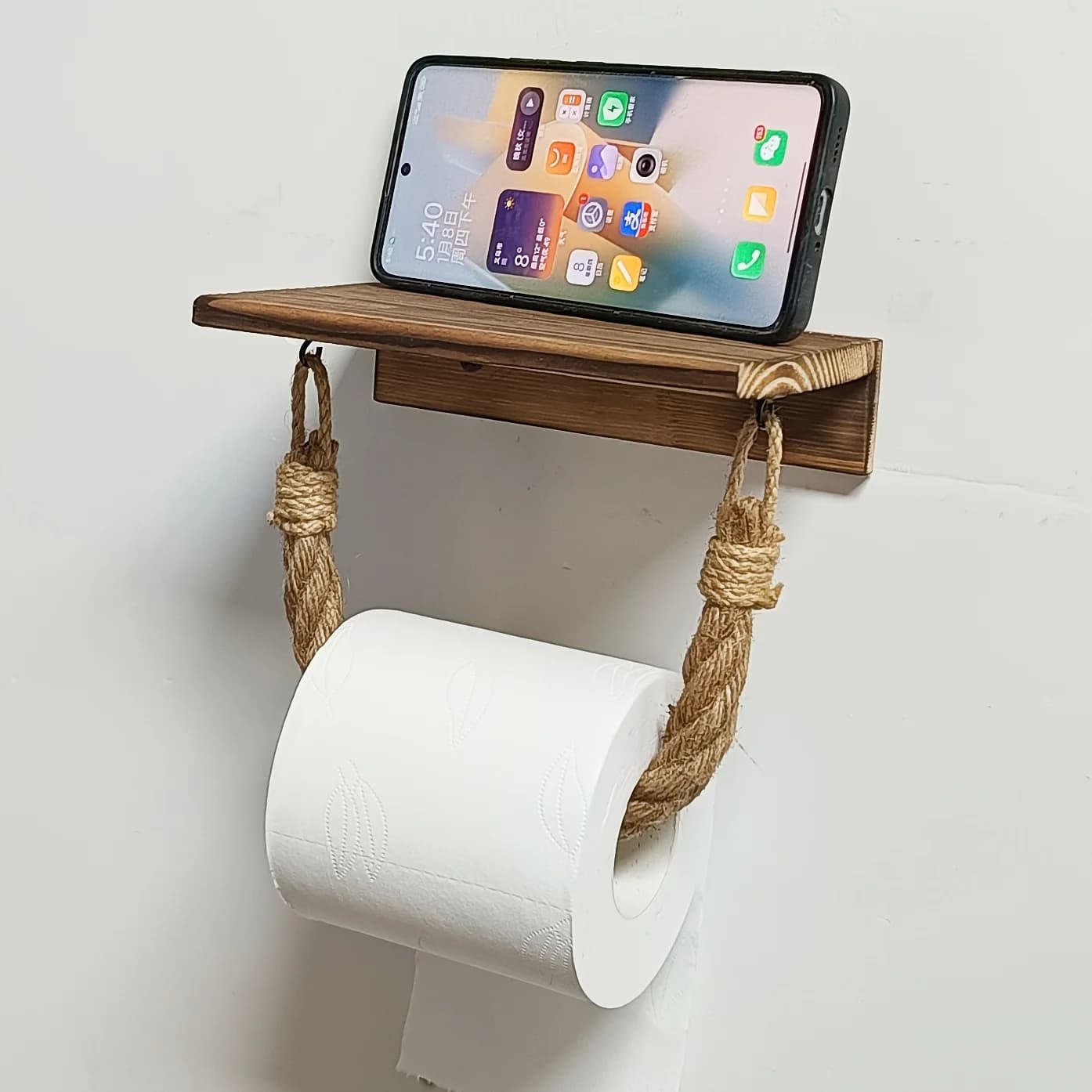 Toilet Paper Holder with Shelf Wall Mounted No Drill Wooden Bathroom Storage Rack Tissue Roll Organizer