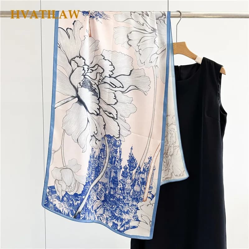 100% Mulberry Silk Scarf 170x53cm Long Shawl Wrap for Women Watercolor Floral Print Luxury Neck Scarf Headscarf Birthday Gift