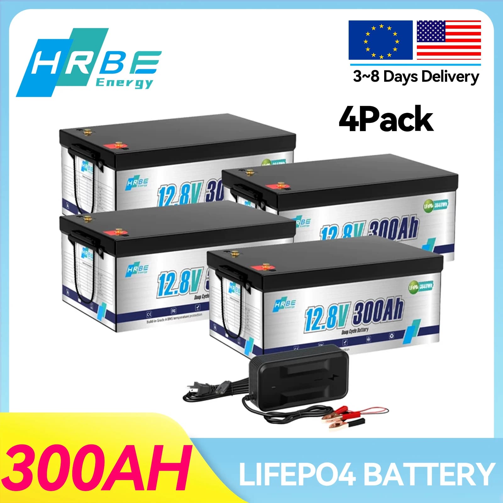 Batteria al litio LiFePO4 HRBEEnergy 12V 300Ah, oltre 8000 cicli profondi con 200A BMS, batterie al litio 3840Wh per camion, kayak, pannello solare