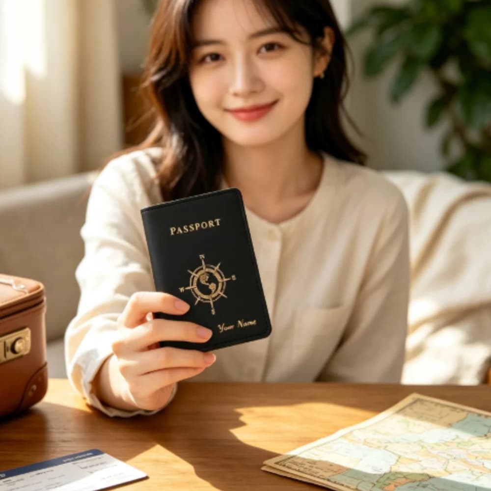 Customizable Compass Logo PU Passport Holder, Personalized Name Fashion Travel Wallet Passport Cover