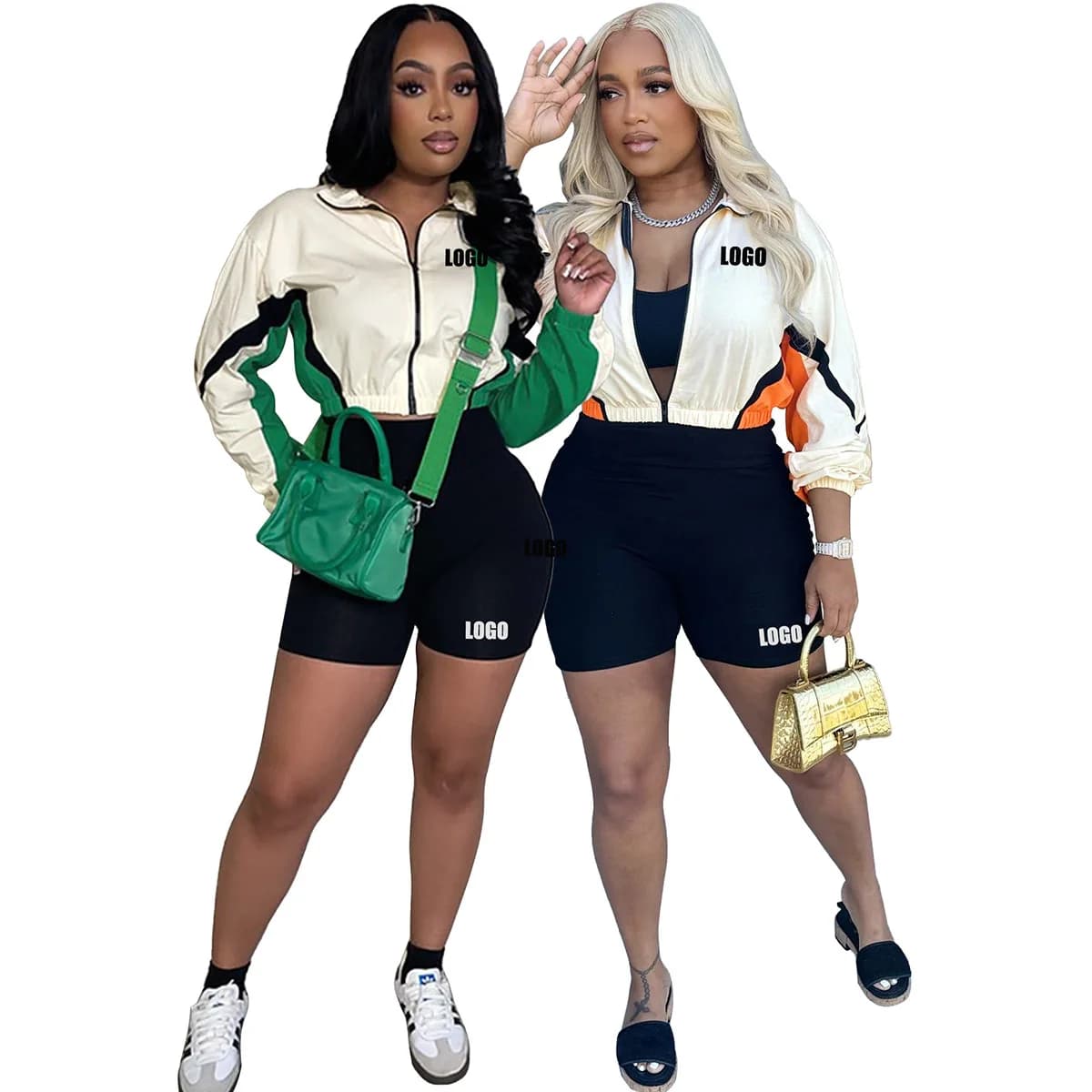 LOGO Customized Fashion Women's Clothing Splicing Color Contrast Zipper Long Sleeve Shorts Slim Sport Cycling Set Two Piece