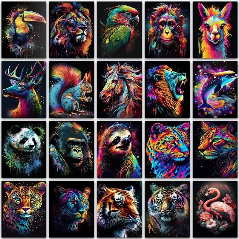 Kit per Pittura Diamante Fai da Te, Animali Colorati: Leone, Panda, Tigre, Fenicottero, Cavallo, Bradipo, Ricamo a Punto Croce Completo