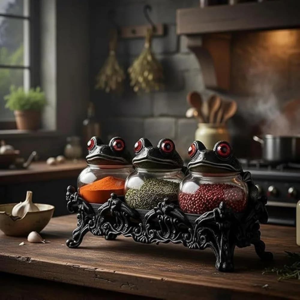 Witchy Frog Apothecary Spice Jars with Lids, Vintage Gothic Glass Storage Jars Unique Kitchen Food Containers Set of 3