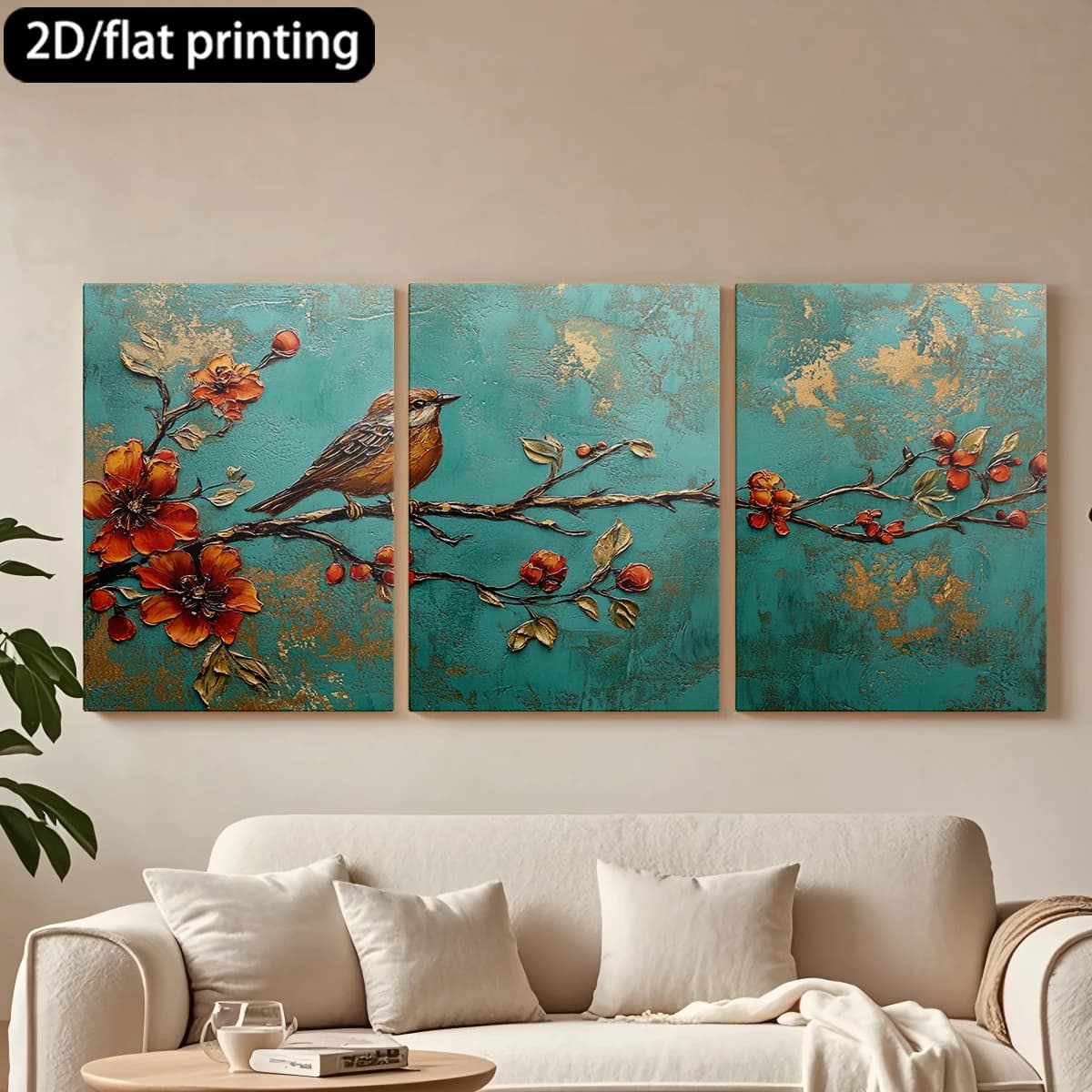 Decorative painting on canvas with wooden frame, 3 pieces. Bird, flower branch, green water background. Tende per camera da letto ikea.