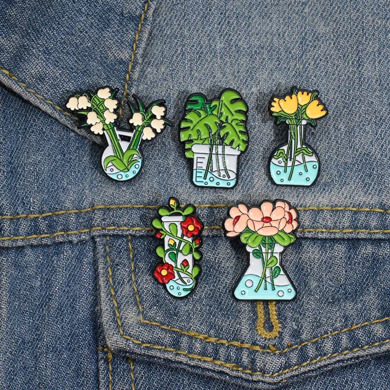 Science Lab Flask Flower Enamel Pins Plant Tulip Lily Rose Lapel Brooch Badge Backpack Jewelry Gift