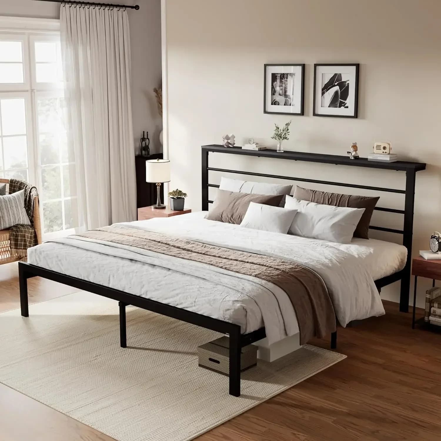Unmissable offer: King Size bed with shelf head and sturdy metal base, does not require spring net, black