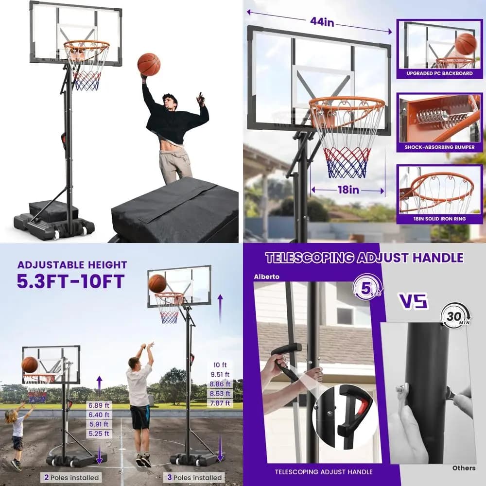 5.3-10FT adjustable height outdoor basketball system, PC 43.3 board for children and adults, ideal for courtyard games