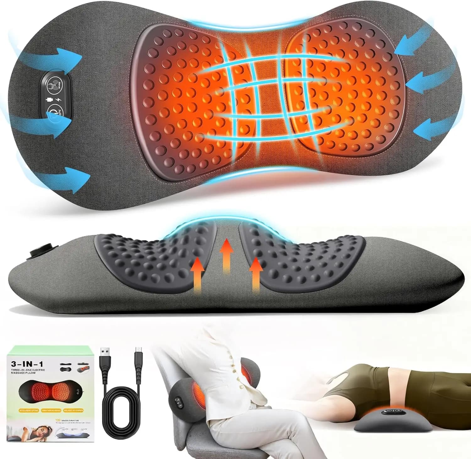 Cuscino Elettrico di Supporto Lombare con Calore, Vibrazione e Trazione, Massaggiatore per Schiena per Sedia e Letto, Sollievo dal Dolore Lombare, Grigio