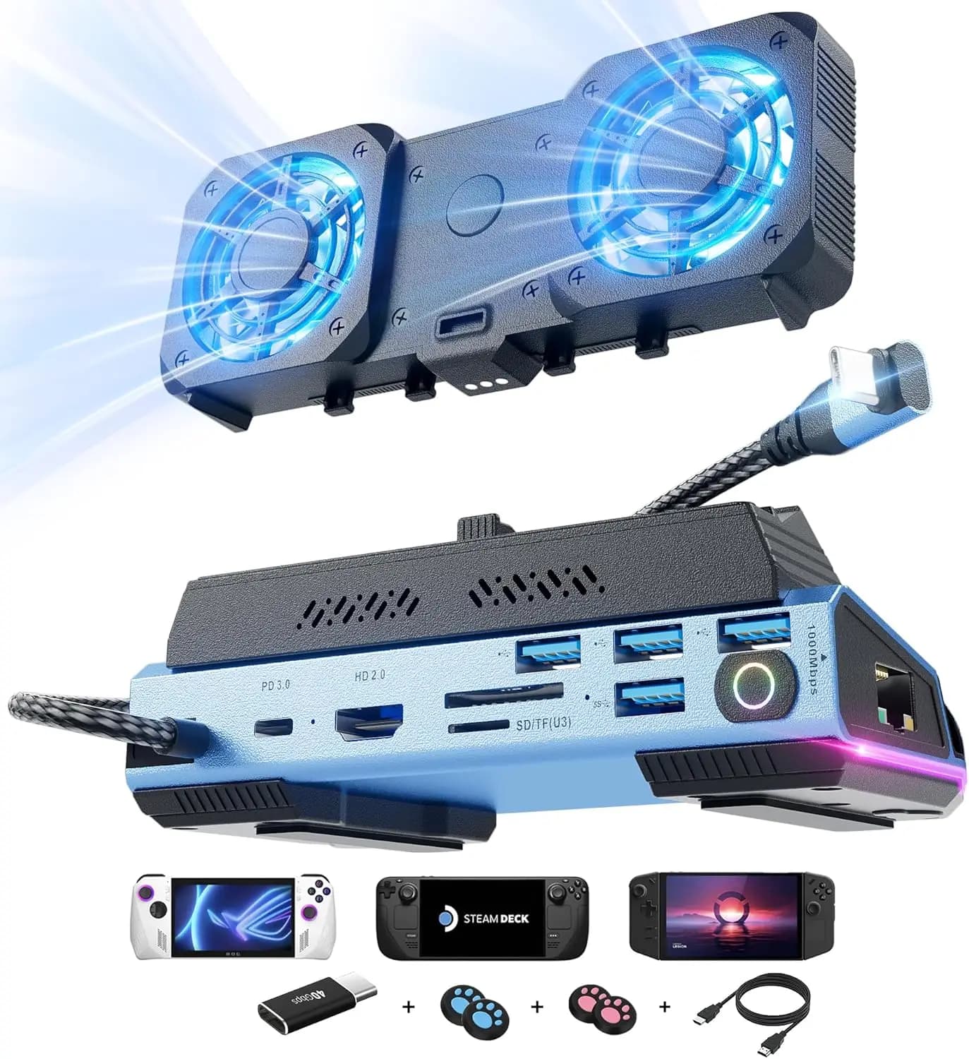 Docking station 13 in 1 per Steam Deck OLED&ROG Ally X&Legion Go, smantellamento della doppia ventola fredda, 4K@60Hz, porta di ricarica da 100 W