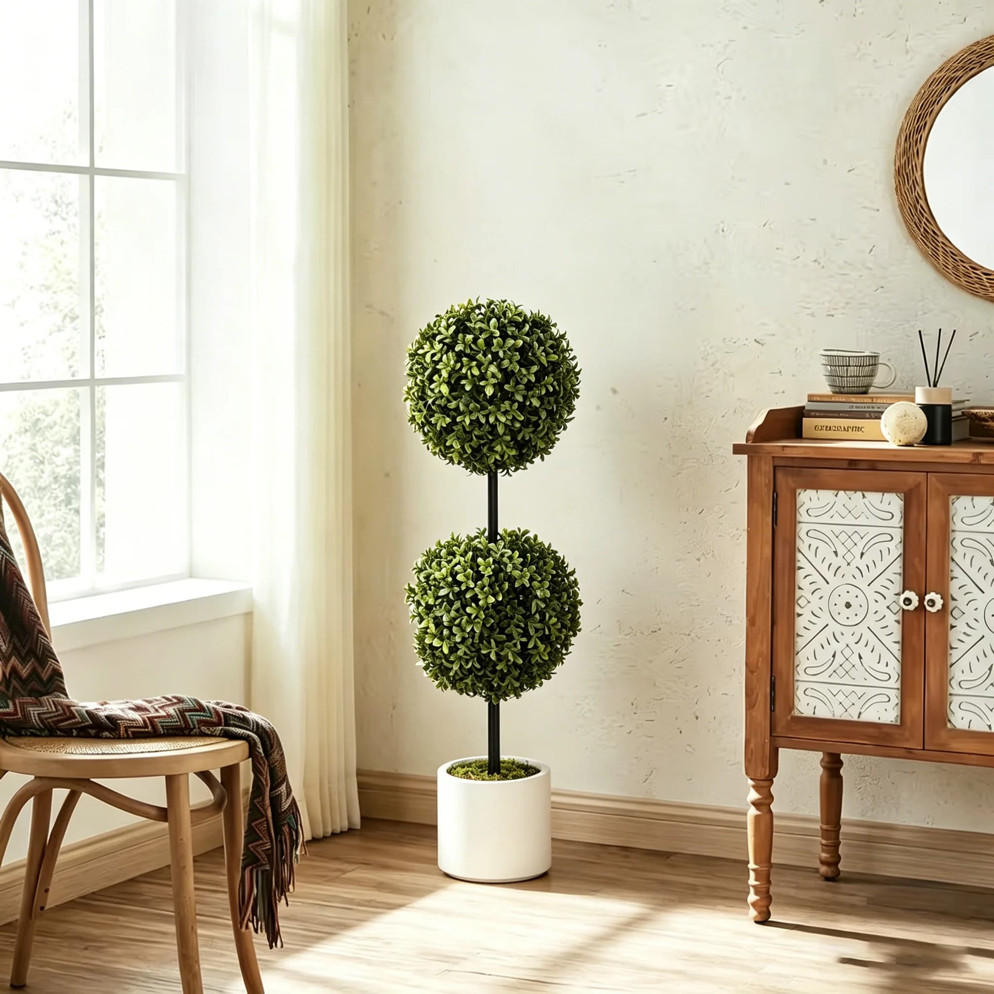 90cm/35.4inch Artificial Double Ball Boxwood Topiary Potted Plant, Perfect for Front Porch Indoor Home Farmhouse Decor