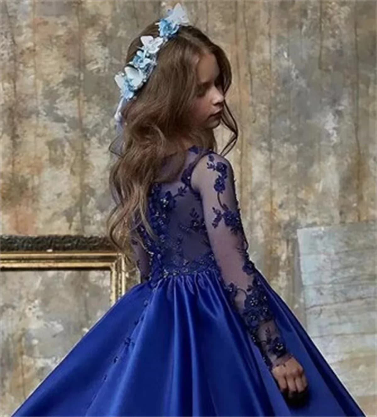 Abito da ragazza di fiore in raso blu personalizzato con applicazioni di perline, matrimonio, compleanno, spettacolo, primo abito da festa di compleanno eucaristico per bambini