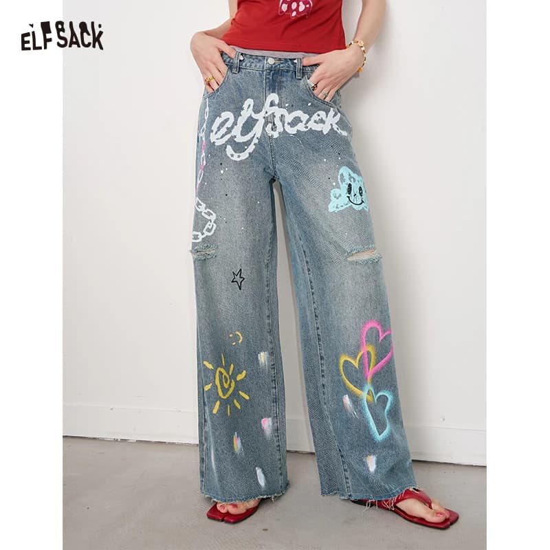 ELFSACK 2025 Nuovo arrivo estivo Y2K Graffiti Pantaloni in denim distrutti Jeans streetwear a gamba larga per donna