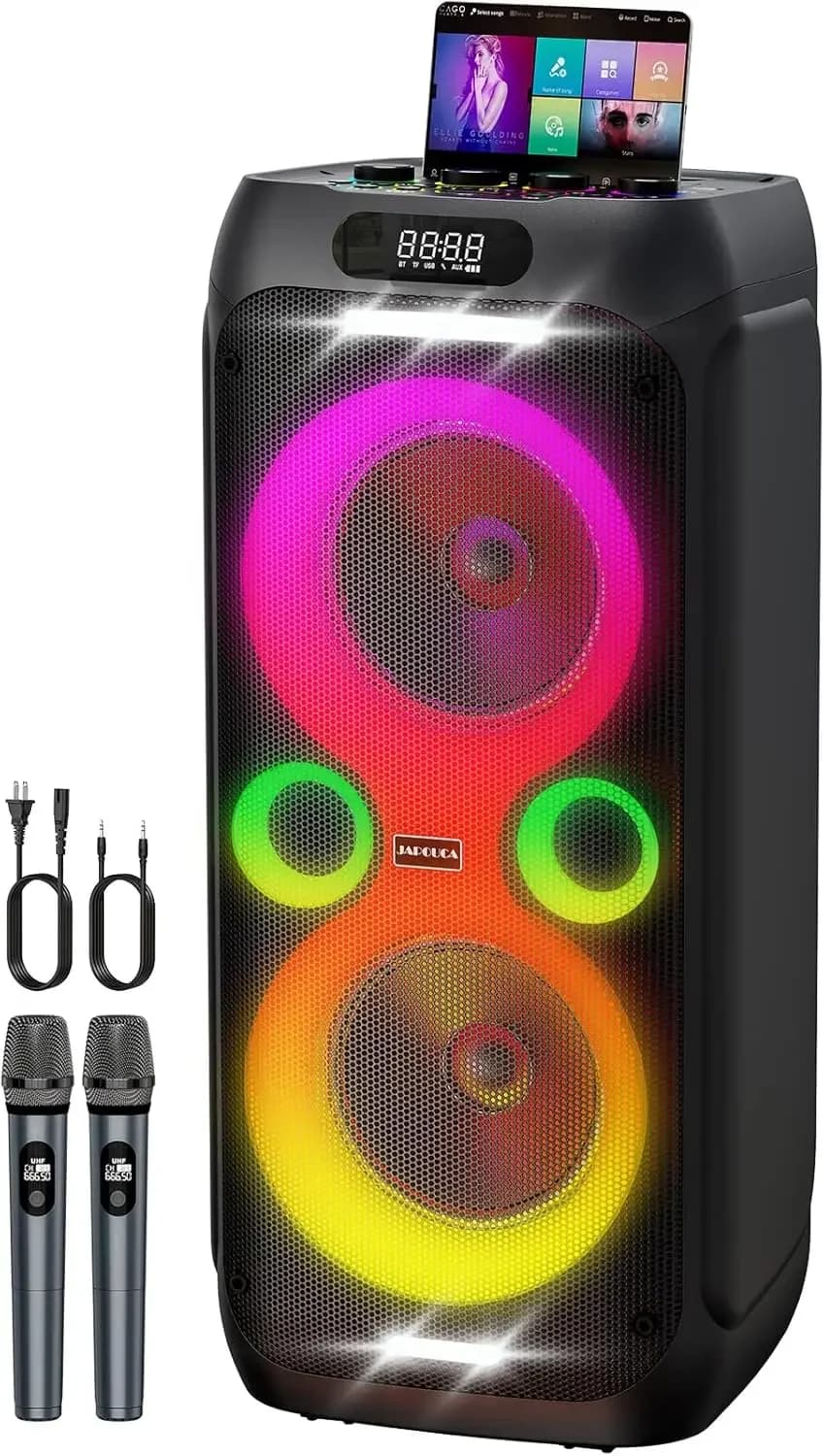 Macchina per karaoke, altoparlante per feste con Bass Boost e doppio woofer da 8 pollici, grande altoparlante Bluetooth portatile, 2 microfoni wireless, 24H/EQ/REC/RGB