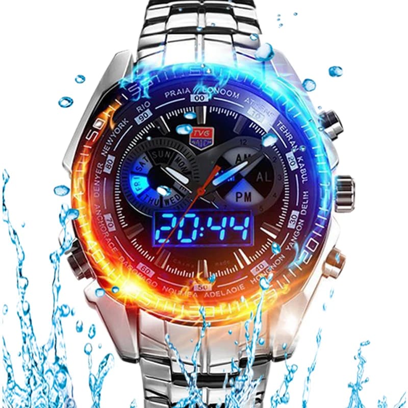 Top Men Watch TVG Dual Analog Display Digital Quartz Watch Stainless Steel Men's Military Fashion Army Watches