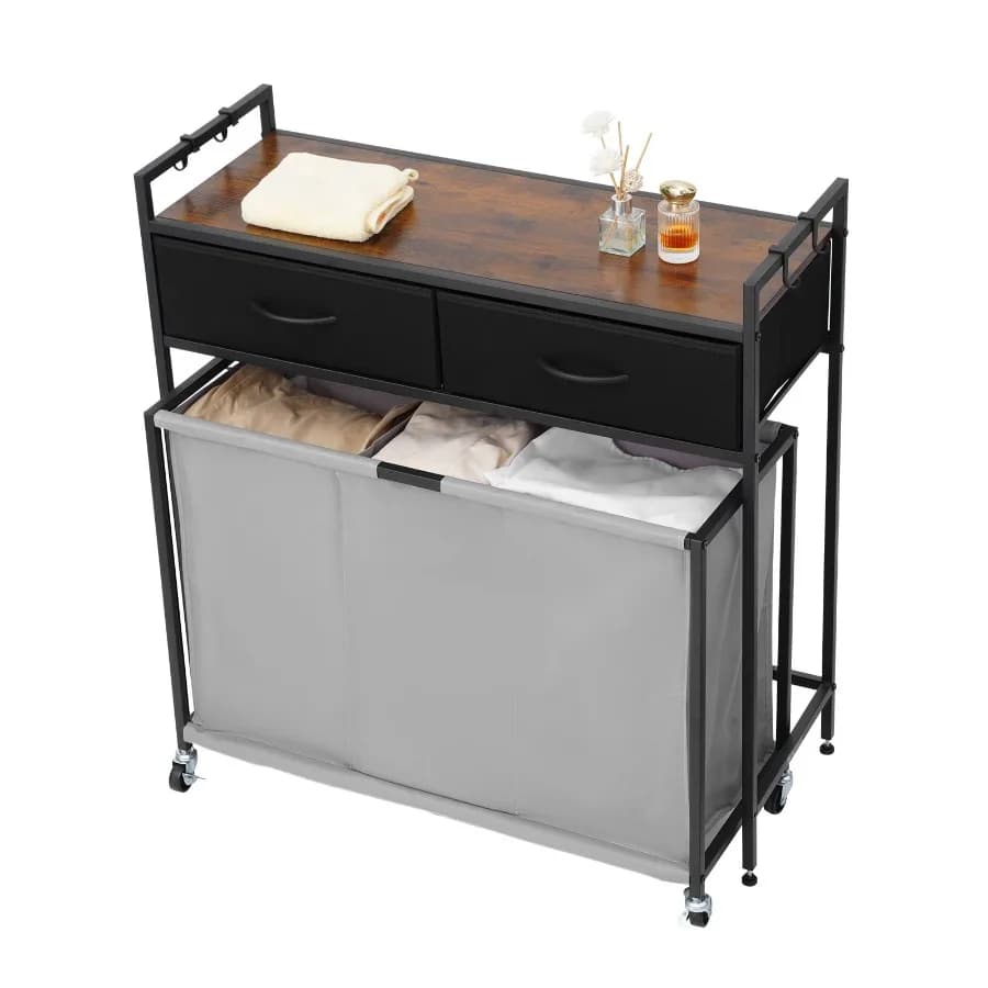 3-Section Laundry Sorter with Rolling Bags Organizer with 2 Drawers Hooks Wheels and Wooden Top for Clothes and Bathroom Storag