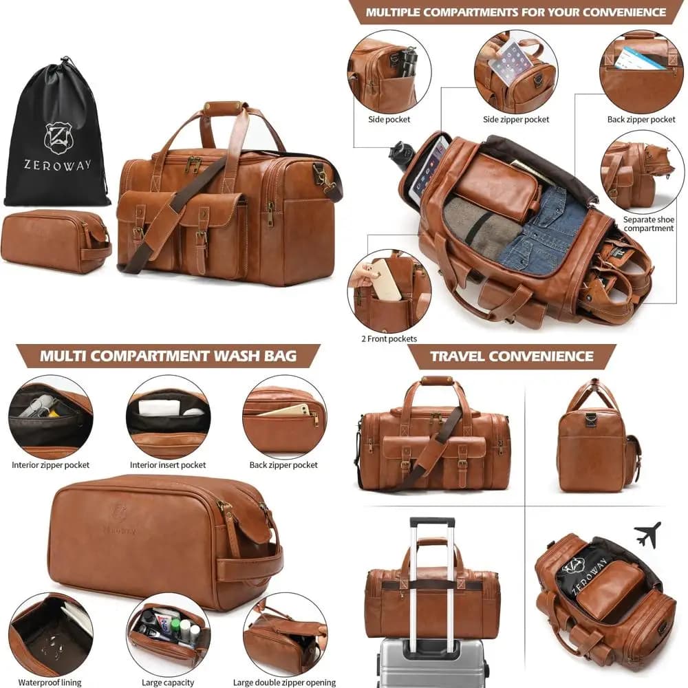 PU Leather Travel Bag with Toiletry Kit and Bedding Bag, Night Bag Travel Bag for Weekend Travel