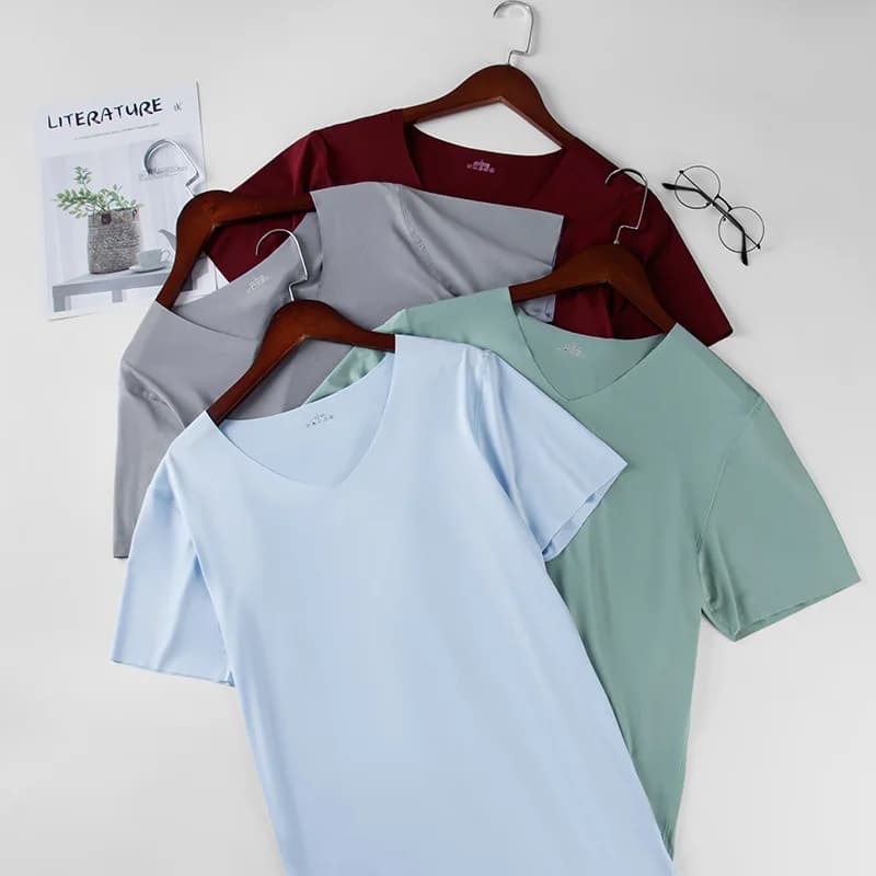 Maglietta da uomo in seta ghiaccio senza cuciture, slim fit, casual, con scollo a V, a maniche corte, estiva, sottile.