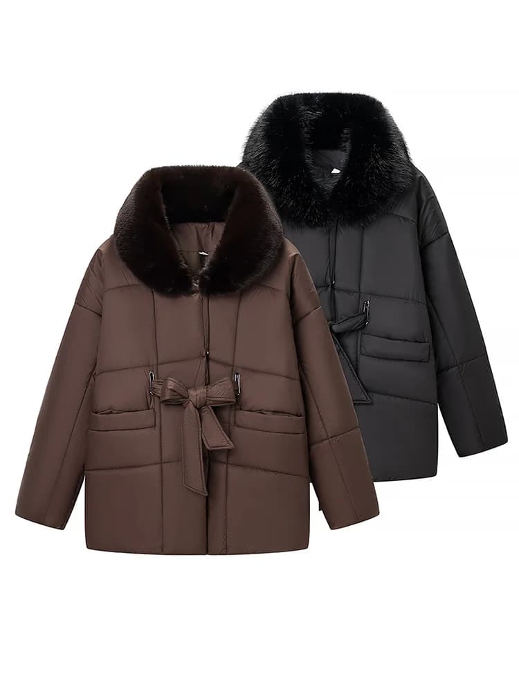 HH Donna Inverno Cotone Addensato Abbigliamento Cintura Tasca Decorazione Collo in pelliccia sintetica Maniche lunghe Moda femminile Casual Giacca solida