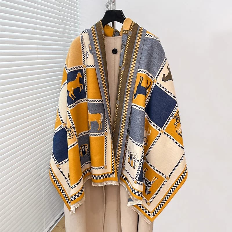 Poncho di Lusso in Cashmere con Stampa Cavallo - Sciarpa Calda Invernale da Donna, Coperta Spessa in Pashmina per Viaggi