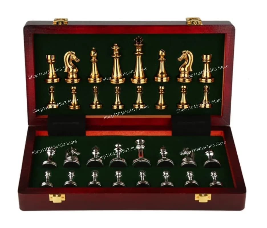 Chess High-end Gift Box Set Wooden Folding Chessboard Metal Chess Retro European Ornament