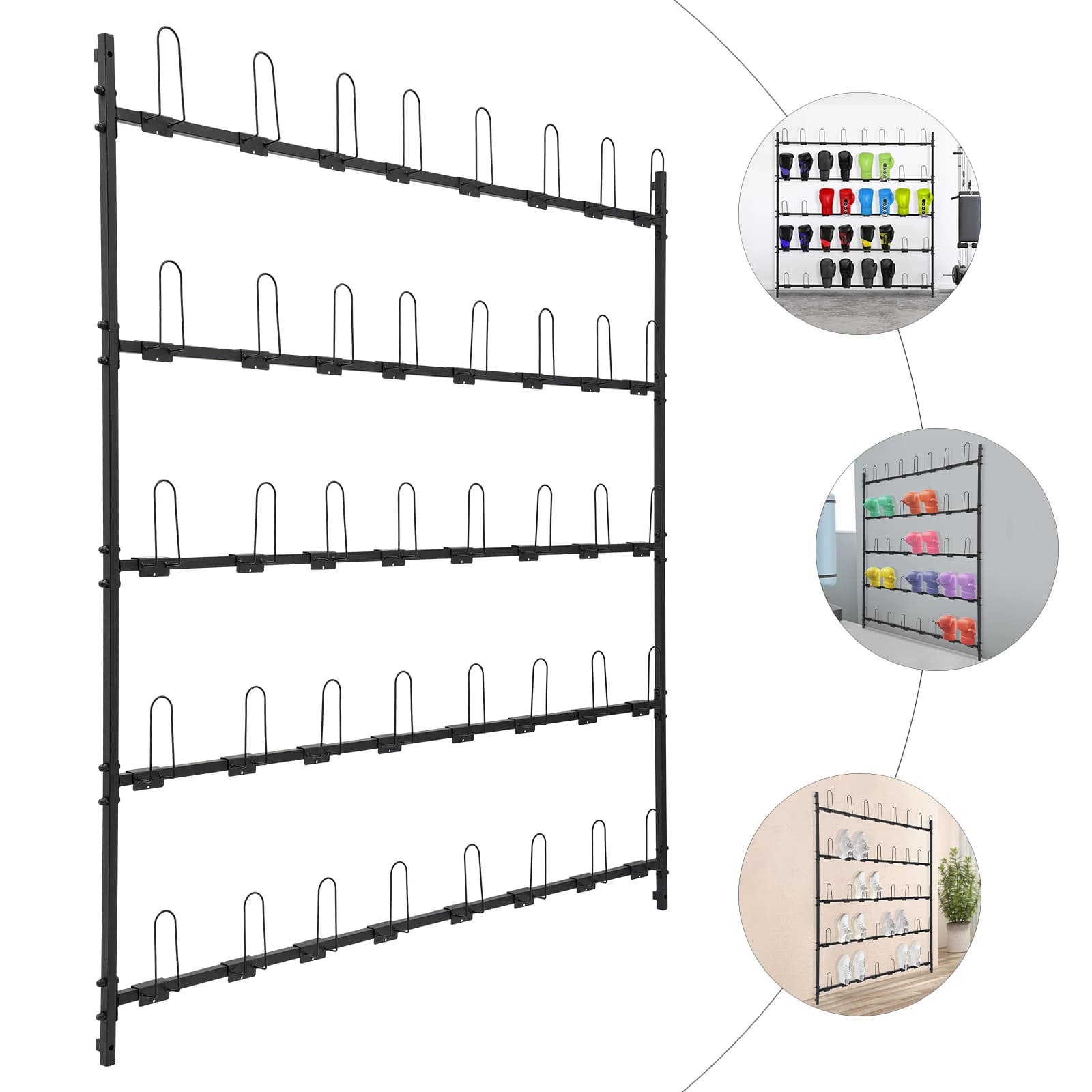 Carbon steel holders for 5-level boxing gloves, black rectangular boxing gloves holder from 40 wall hooks 169 * 173 cm for gym