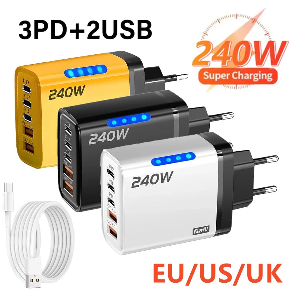 Caricatore USB C GaN 5 in 1 da 240W, caricatore rapido per telefono con adattatore PD QC3.0, presa EU/US/UK, caricatore da parete per iPhone, Samsung, Xiaomi