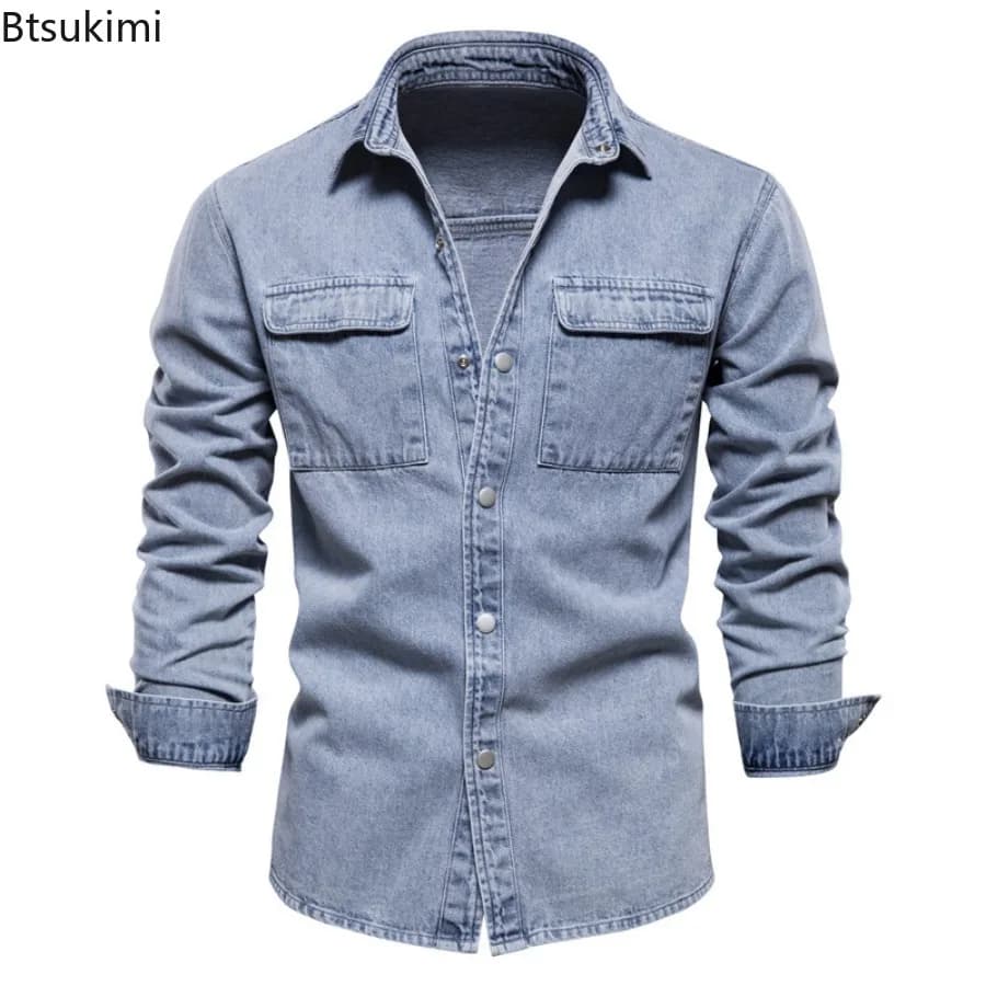 Primavera Autunno Moda uomo Slim Giacche di jeans Camicia casual a maniche lunghe in puro cotone Cappotti Tinta unita Top da lavoro Uomo Giacche di jeans